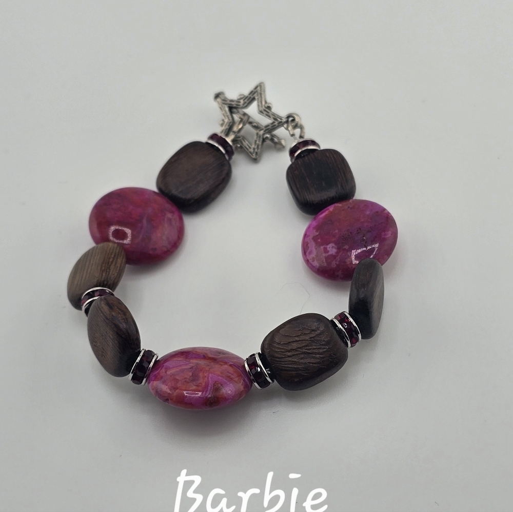 Vibrant Pink and Rich Brown Bracelet Handcrafted.  Gemstone and Wood.